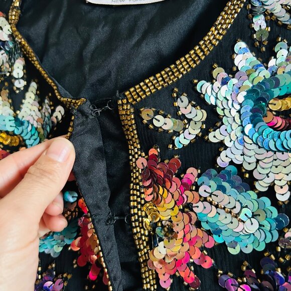 Vtg Lawrence Kazar New York Sequin Embellished Floral Colorful Sequin Jacket - Picture 5 of 16